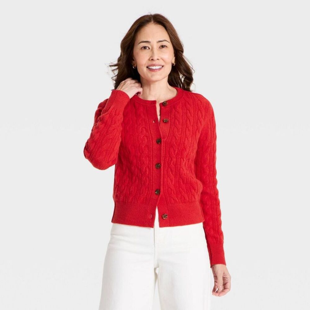 Women's Heritage Cable Crewneck Cardigan - Universal Thread Red L